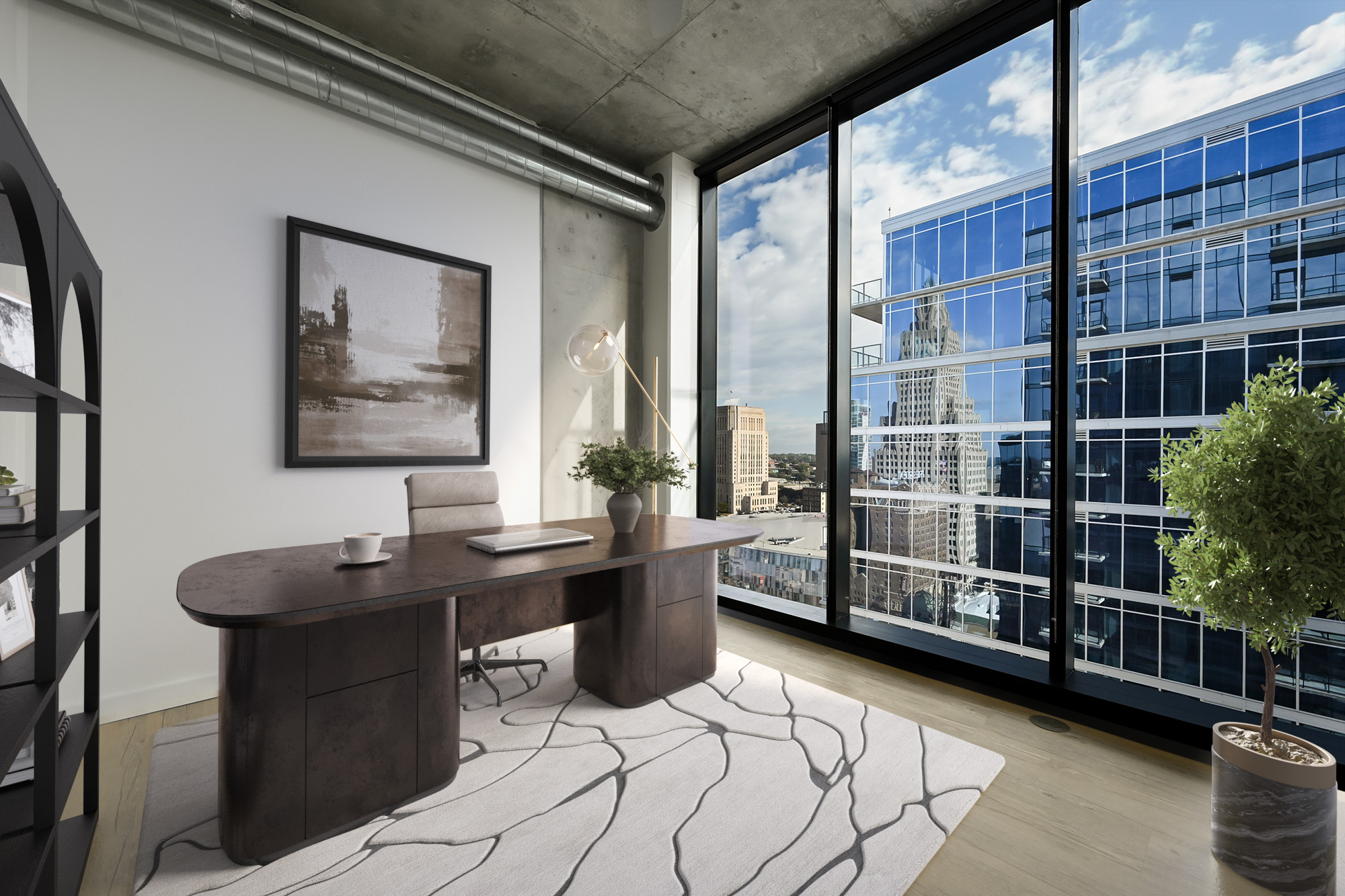 A home office at Three Light Luxury Apartments.