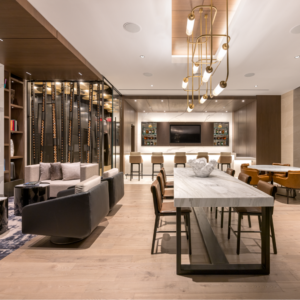 The exclusive resident bar and party room at Three Light Luxury Apartments in the Power and Light District in Downtown Kansas City, Missouri.