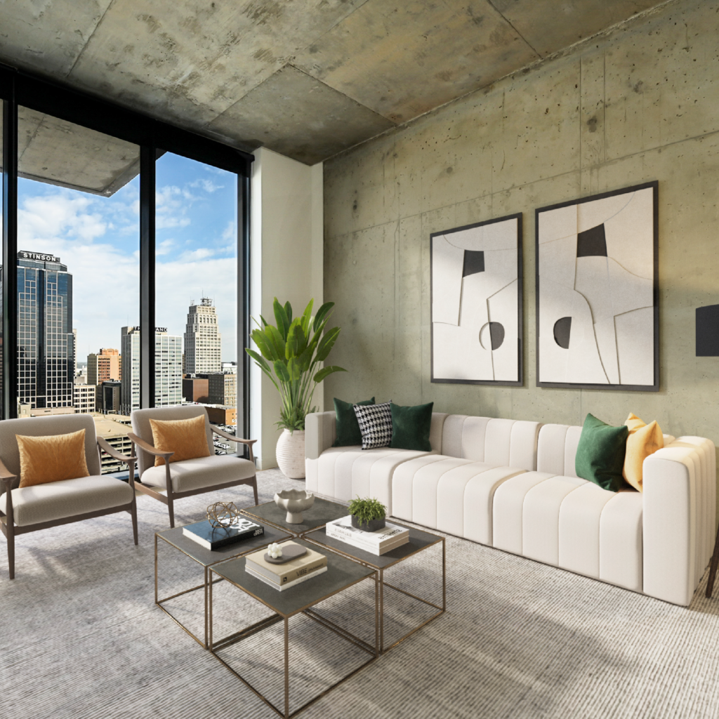 Sleek living room at Three Light Luxury Apartments.